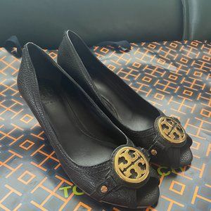 Tory Burch Leticia 65MM open toe wedge*Tumbled Leather NAVY SZ 6.5